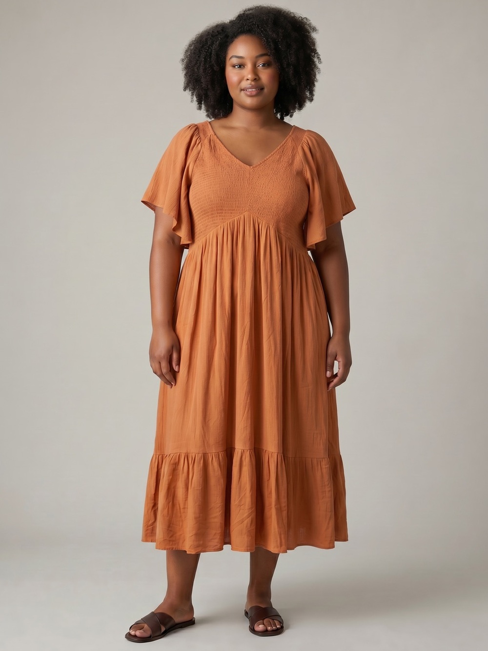 Baltic Born Felicity Smocked Midi Dress 1X Flutter Sleeve Camel Brown Casual